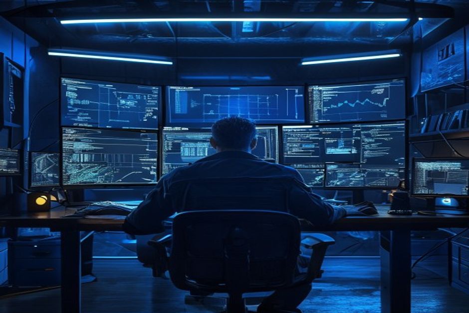 Engineer at multi-monitor workstation